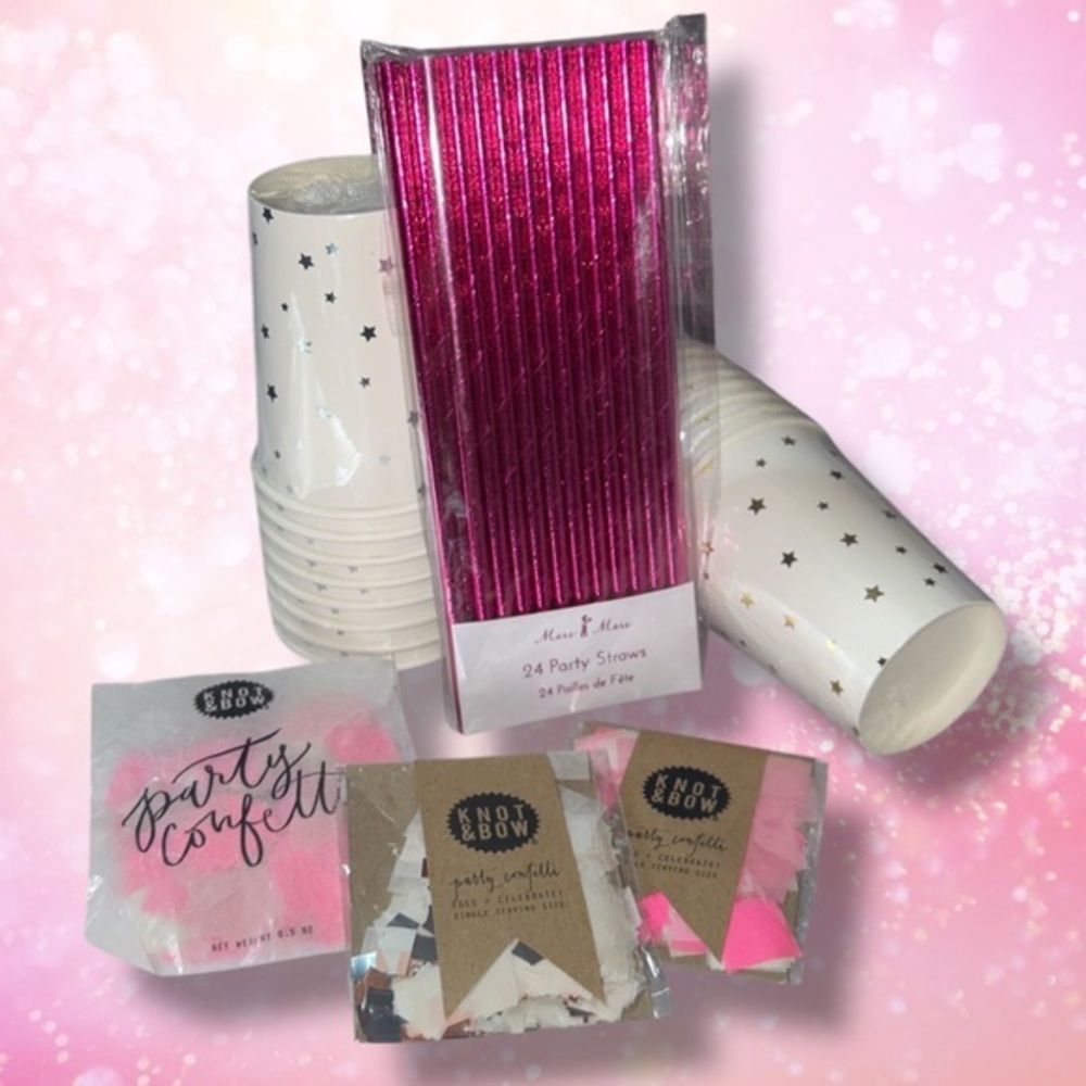 NWT Anthropologie Pink Silver & Gold Party Supplies Cups Straws Confetti foil